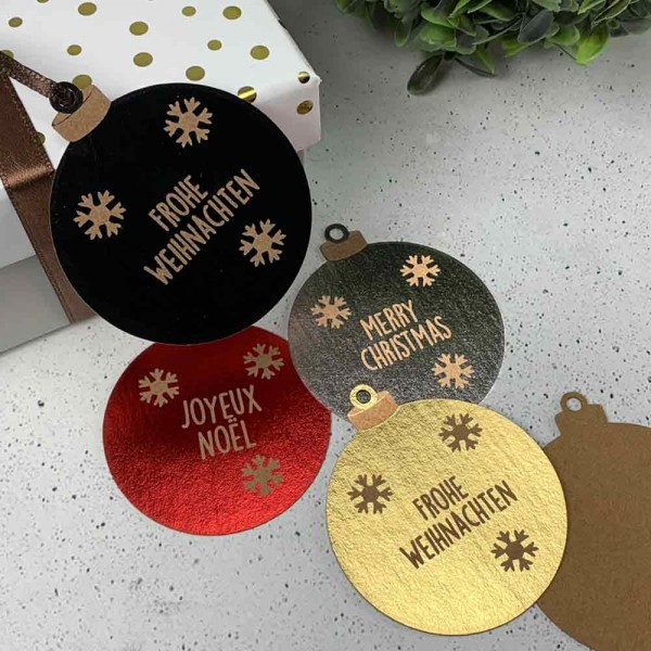 Hang tags | étiquette cartonnée "Joyeux Noël" motif boule de Nöel effet métal