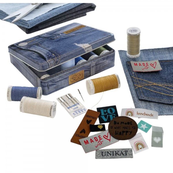 Denim-Box mit Jeans-Nähnadeln und Kunstleder- und Textil-Labels