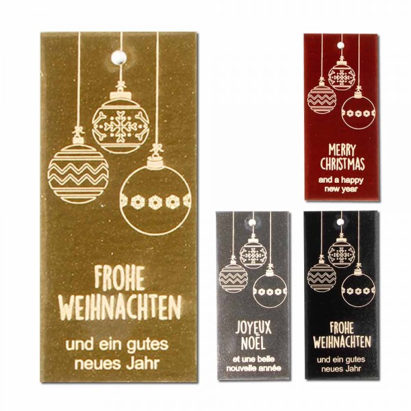 Hang tags | étiquette cartonnée "Joyeux Noël" motif trois boules de noël effet métal